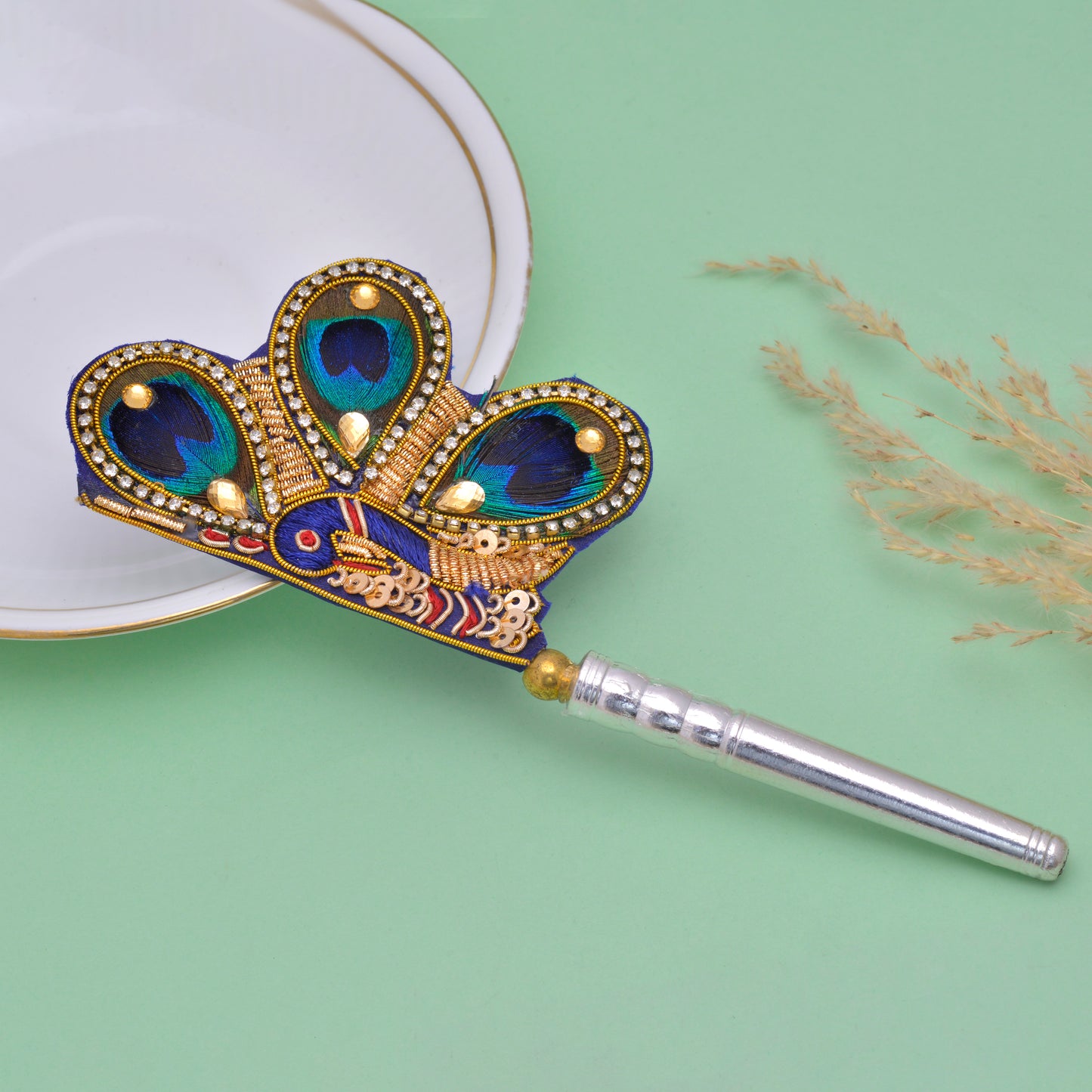 Handcrafted Peacock Design Pooja Aarti Fan with Silver Handle