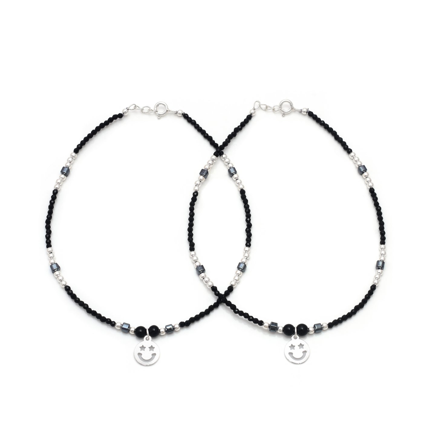 Black Beaded Anklet Pair with Silver Smile Charm