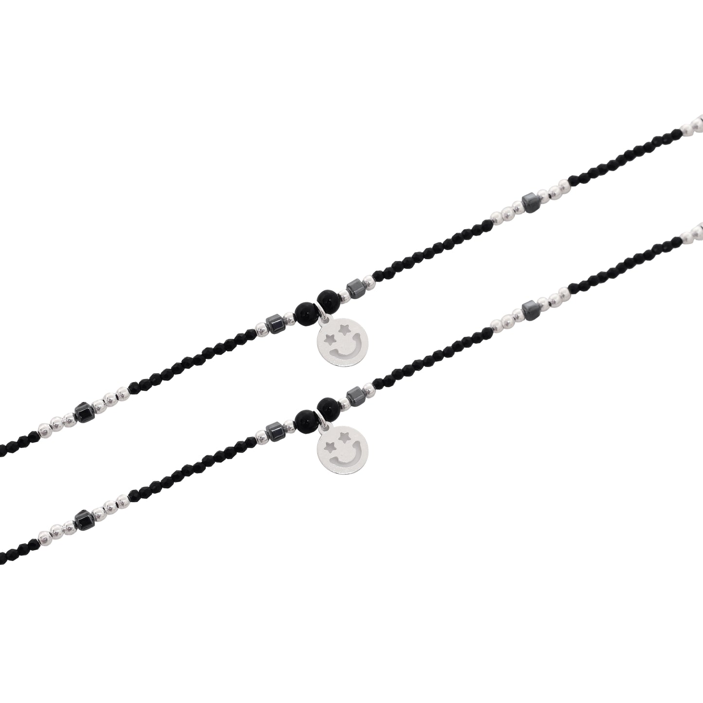 Black Beaded Anklet Pair with Silver Smile Charm