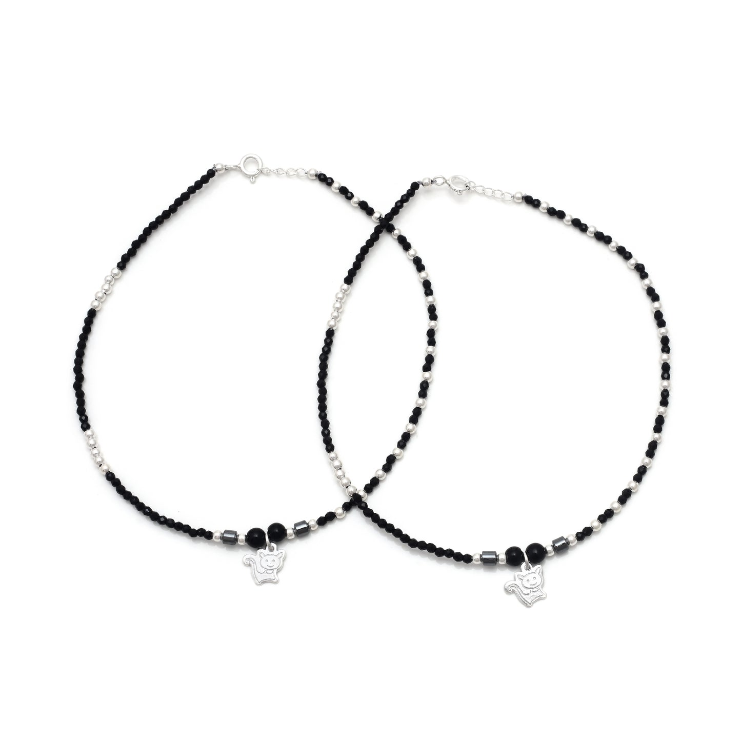 Black Beaded Anklet Pair with Silver Cat Charm