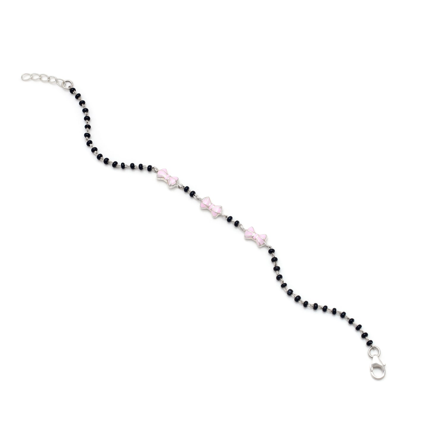 Sterling Silver Pink Bow & Black Bead Bracelet