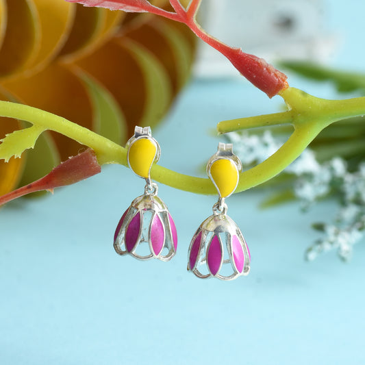 Sterling Silver Yellow & Pink Enamel Floral Dangle Earrings