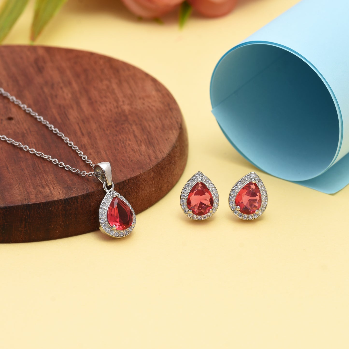 Ruby Red Teardrop Pendant & Earring Set