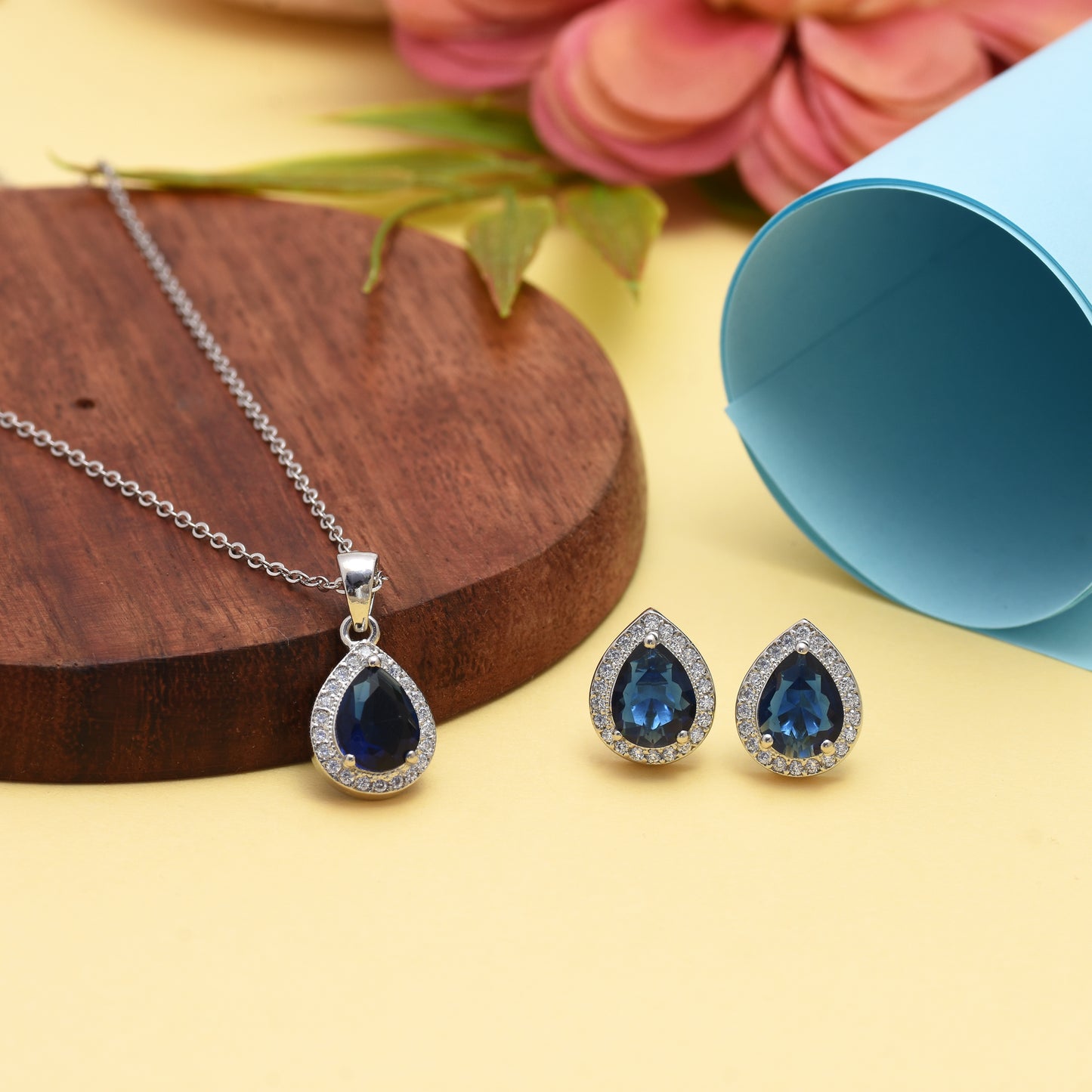 Blue Gemstone Tear Drop Necklace & Earring Set