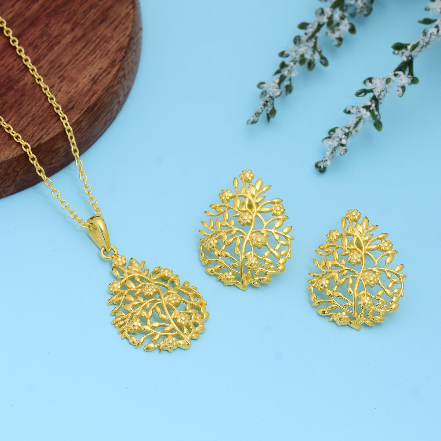 Gold-Tone Floral Vine Necklace and Earring Set