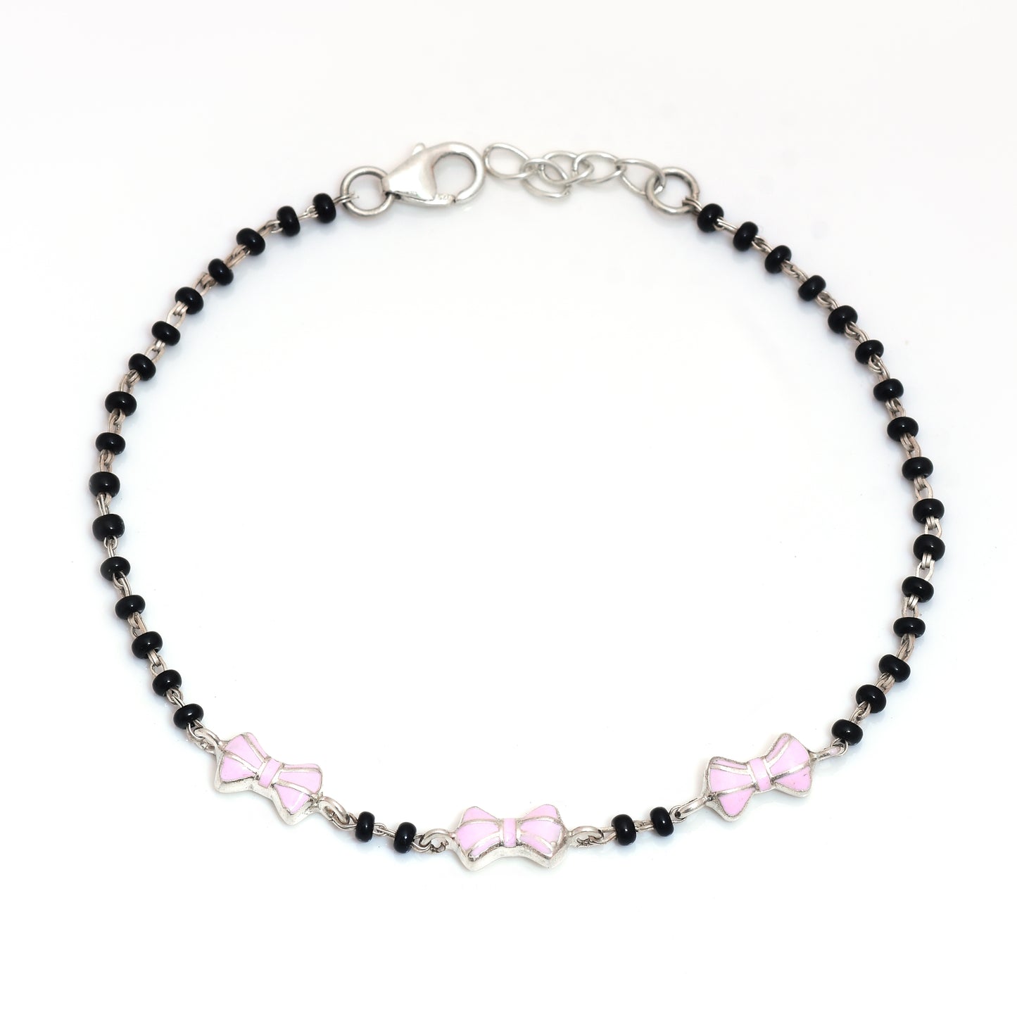 Sterling Silver Pink Bow & Black Bead Bracelet